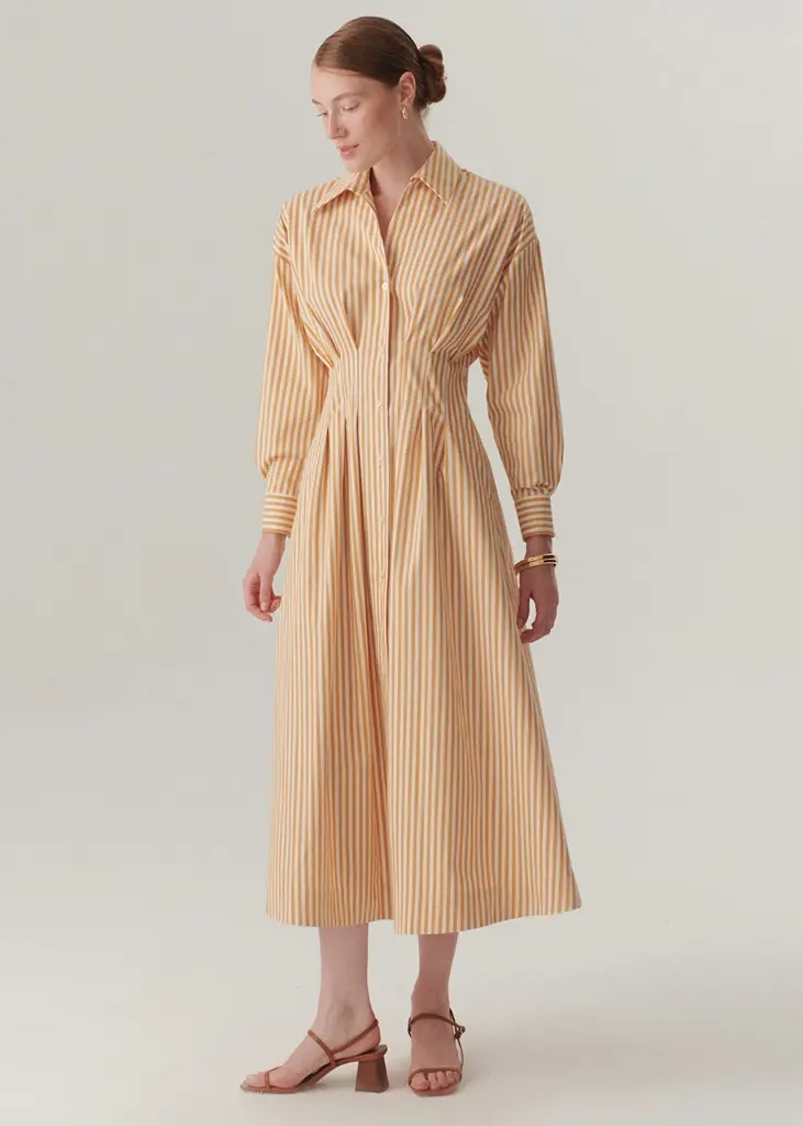 EXQUİSE BELDEN OTURTMALI ÇİZGİLİ REGULAR MİDİ GÖMLEK ELBİSE