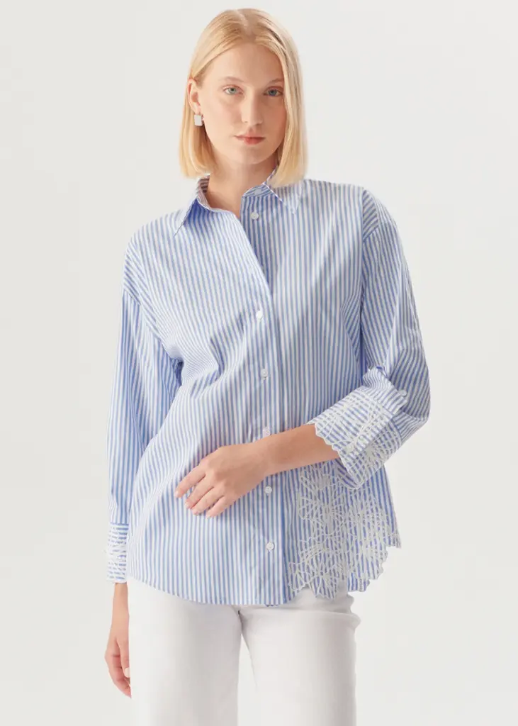 EXQUİSE ÇİÇEK İŞLEMELİ MAVİ ÇİZGİLİ REGULAR GÖMLEK