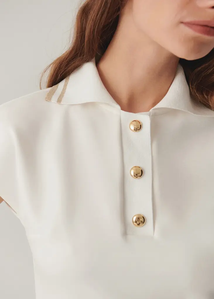 EXQUİSE EKRU DÜĞME DETAYLI POLO YAKA REGULAR ÖRME T-SHIRT