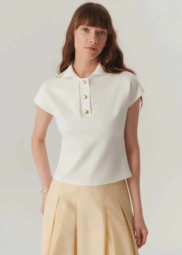 EXQUİSE EKRU DÜĞME DETAYLI POLO YAKA REGULAR ÖRME T-SHIRT