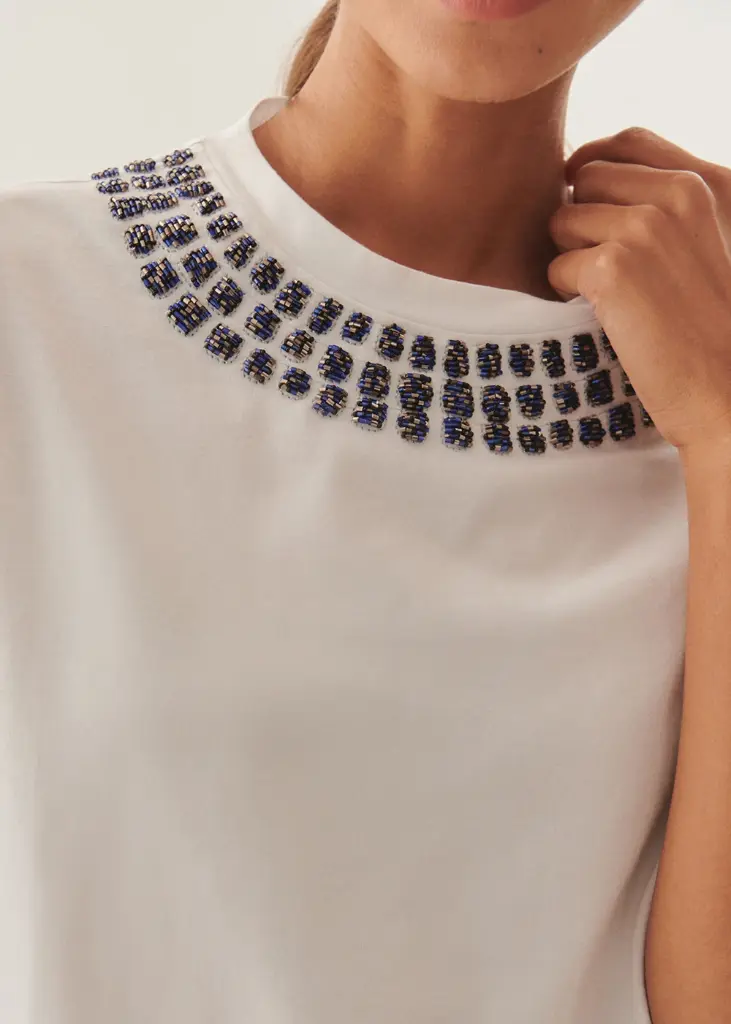 EXQUİSE YAKASI İŞLEME DETAYLI BİSİKLET YAKA BEYAZ REGULAR PAMUKLU T-SHIRT