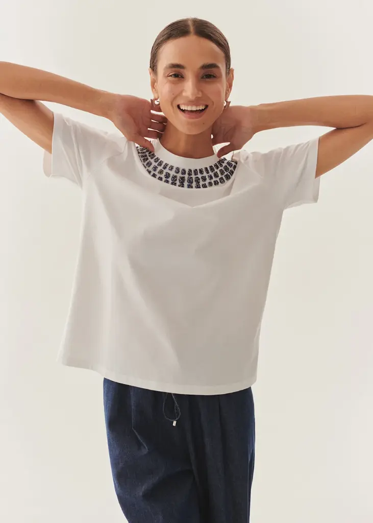 EXQUİSE YAKASI İŞLEME DETAYLI BİSİKLET YAKA BEYAZ REGULAR PAMUKLU T-SHIRT