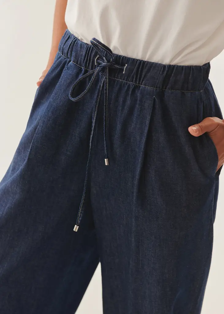 EXQUİSE BELİ LASTİKLİ BAĞCIK DETAYLI İNDİGO GENİŞ PAÇA PAMUK DENİM PANTOLON
