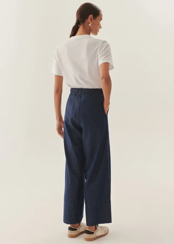 EXQUİSE BELİ LASTİKLİ BAĞCIK DETAYLI İNDİGO GENİŞ PAÇA PAMUK DENİM PANTOLON