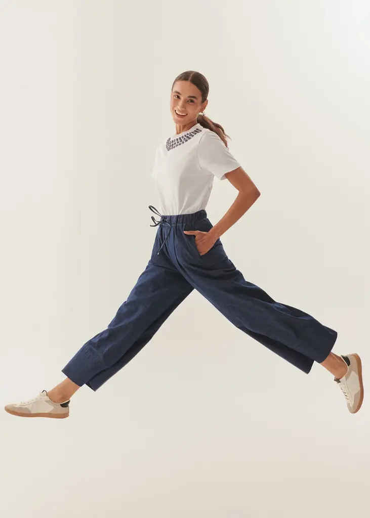 EXQUİSE BELİ LASTİKLİ BAĞCIK DETAYLI İNDİGO GENİŞ PAÇA PAMUK DENİM PANTOLON