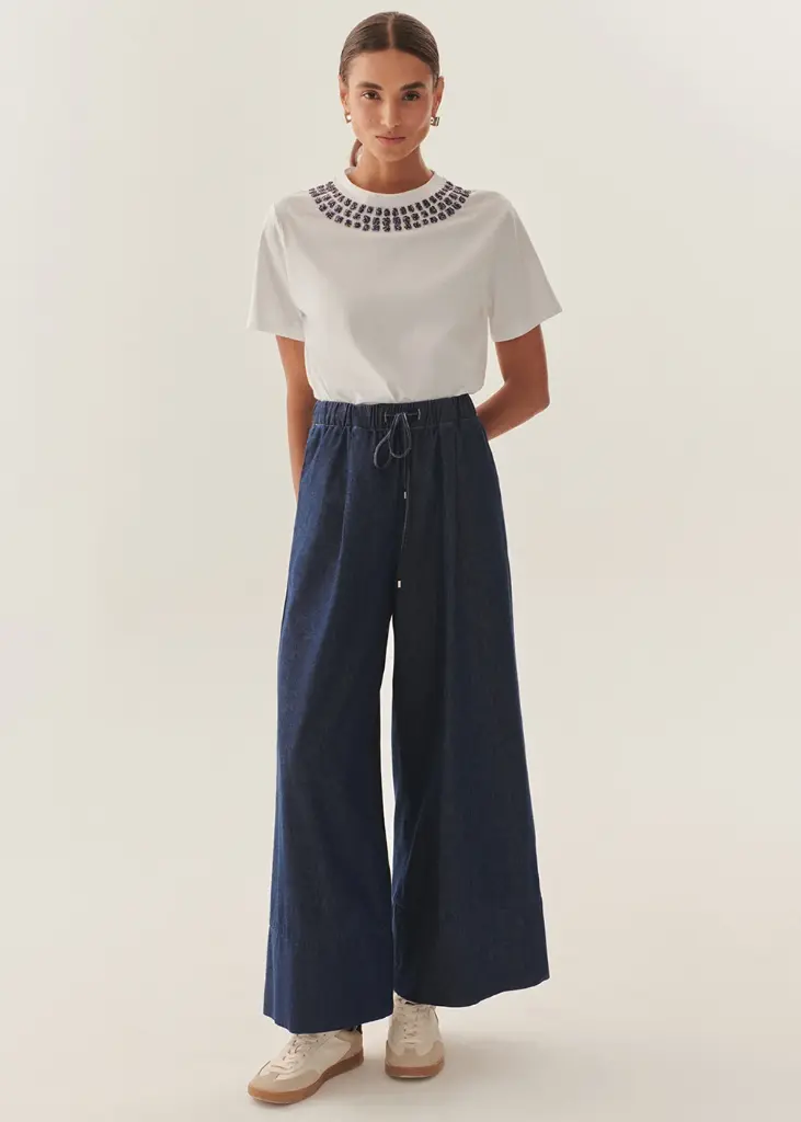 EXQUİSE BELİ LASTİKLİ BAĞCIK DETAYLI İNDİGO GENİŞ PAÇA PAMUK DENİM PANTOLON