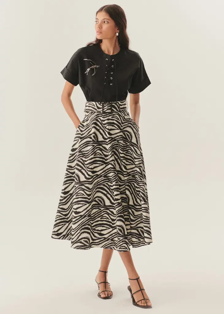 EXQUİSE TOKALI KEMER DETAYLI ZEBRA DESENLİ A KESİM SAF PAMUK MİDİ ETEK