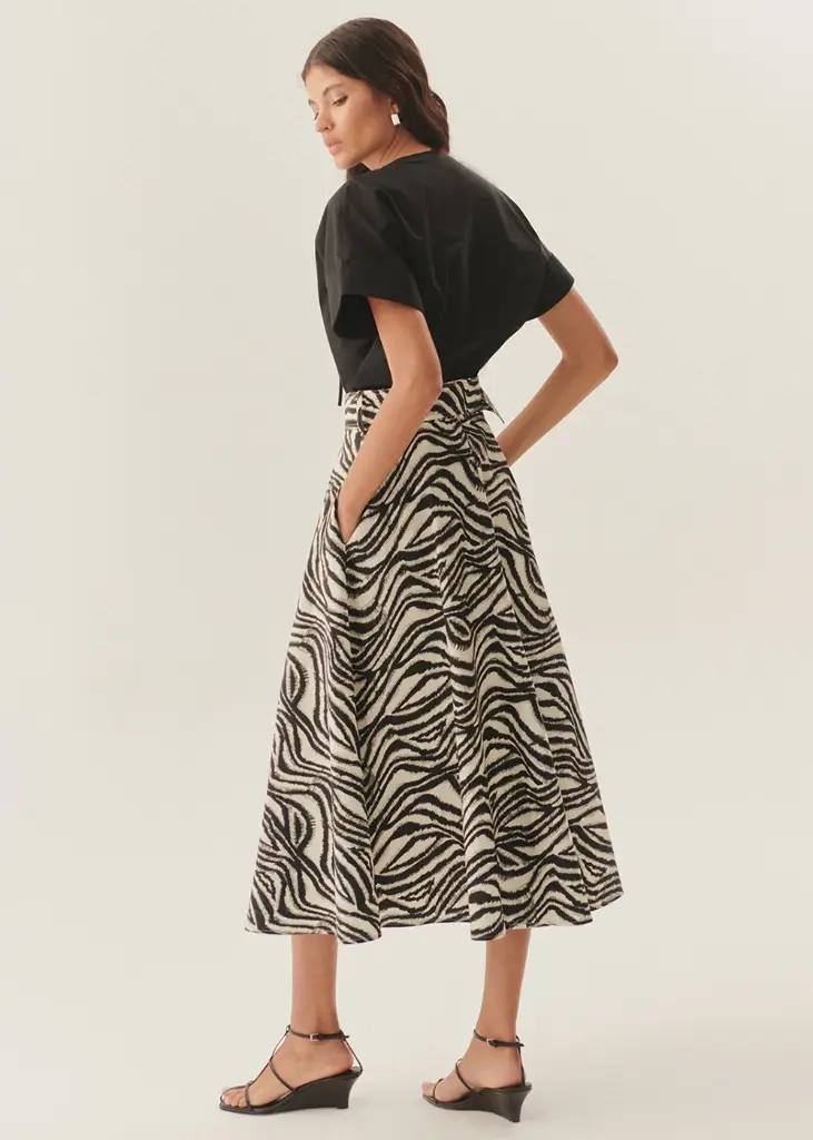 EXQUİSE TOKALI KEMER DETAYLI ZEBRA DESENLİ A KESİM SAF PAMUK MİDİ ETEK