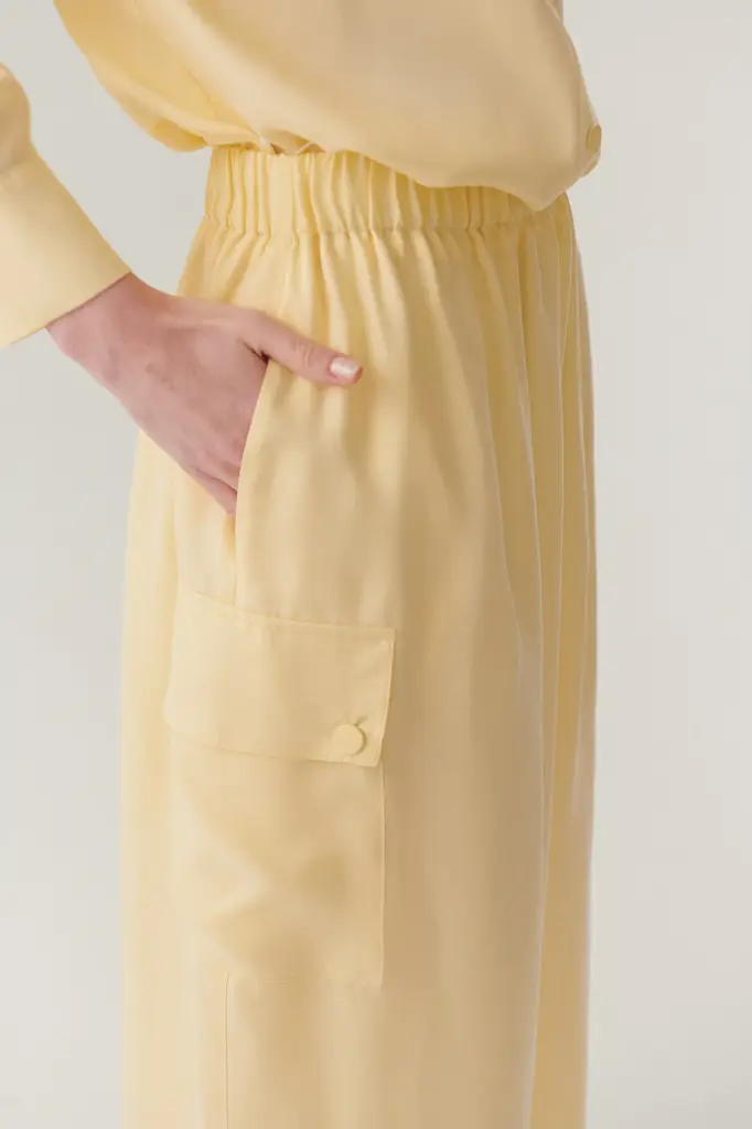 EXQUİSE Cepli Lastikli Bel Midi Boy Lyocell Sarı Renk Etek 