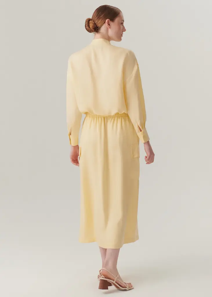 EXQUİSE Cepli Lastikli Bel Midi Boy Lyocell Sarı Renk Etek 