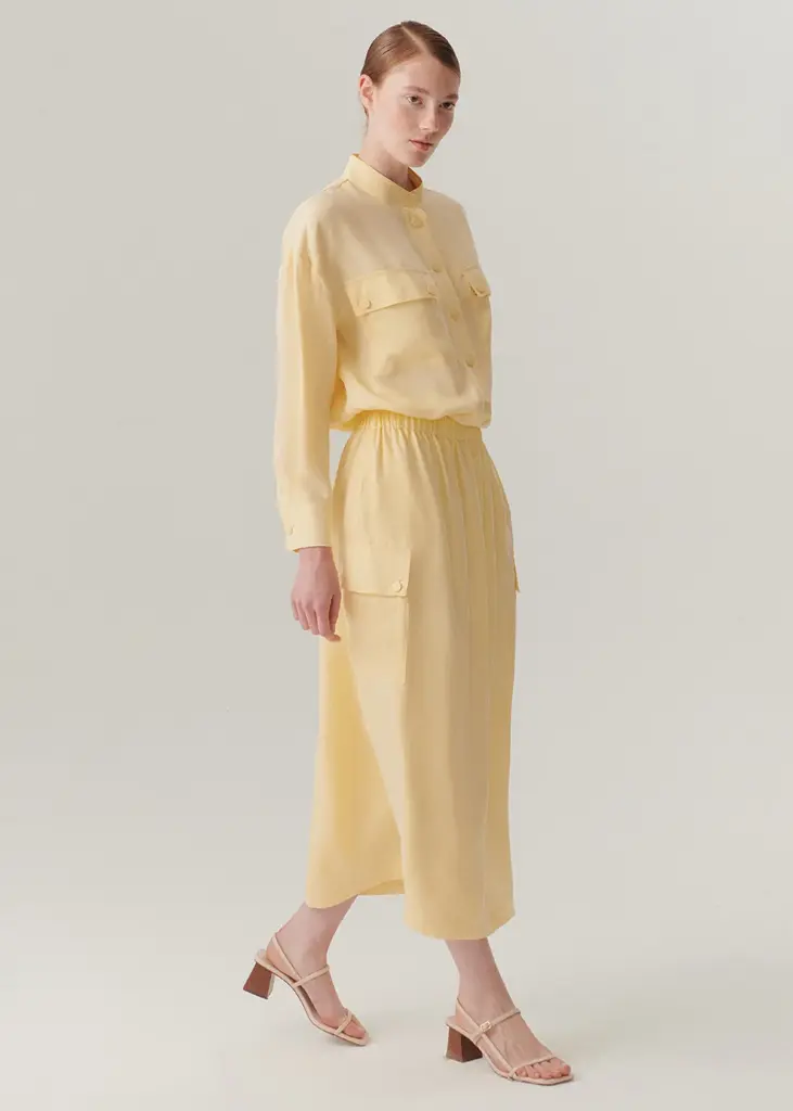 EXQUİSE Cepli Lastikli Bel Midi Boy Lyocell Sarı Renk Etek 