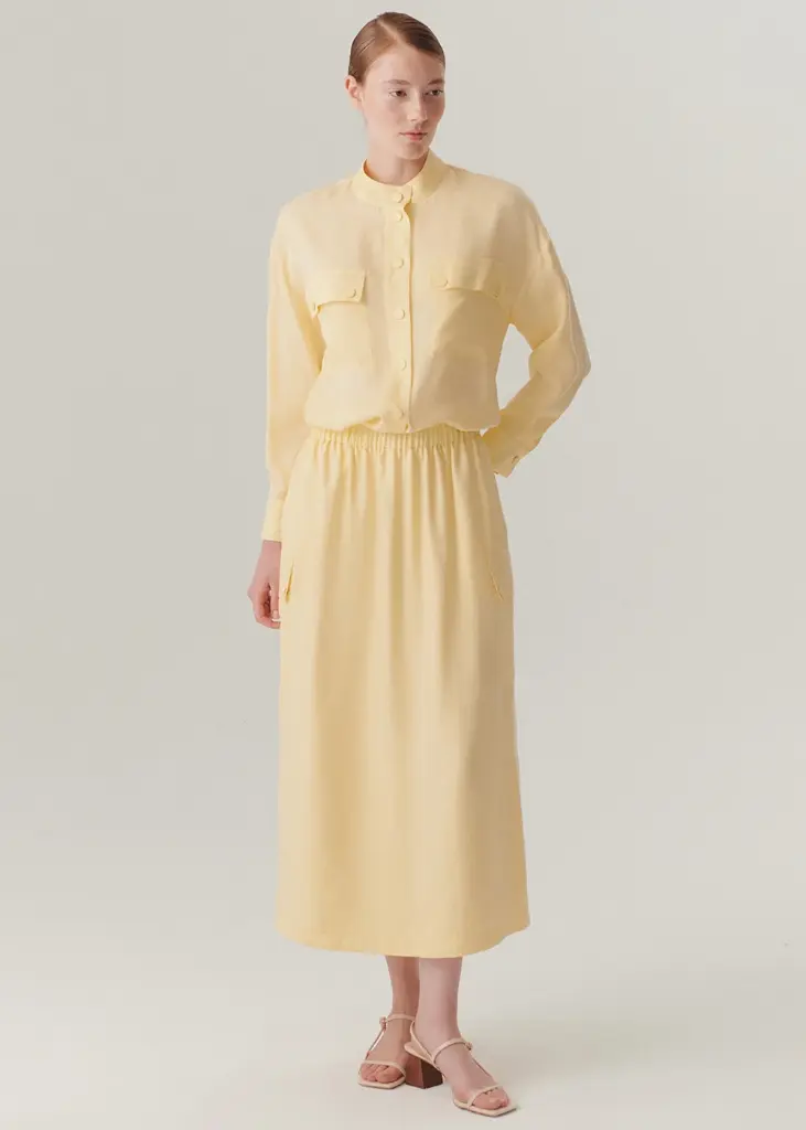 EXQUİSE Cepli Lastikli Bel Midi Boy Lyocell Sarı Renk Etek 