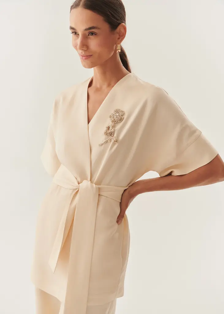 EXQUİSE Kruvaze Yaka Yarasa Kol İşleme Detaylı Rahat Kalıp Bej Ceket 