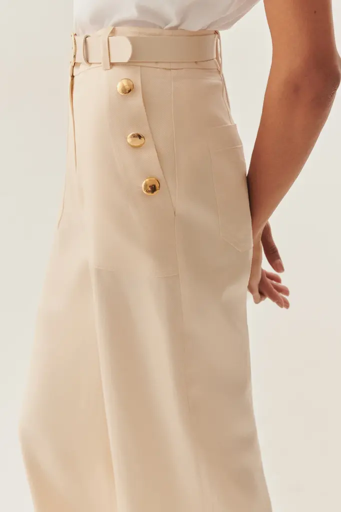 EXQUİSE Düz Kesim Uyumlu Kemerli Yüksek Bel Bej Pantolon 
