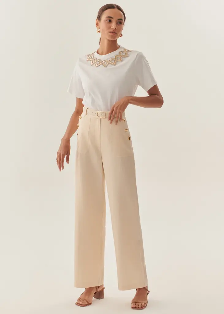 EXQUİSE Düz Kesim Uyumlu Kemerli Yüksek Bel Bej Pantolon 