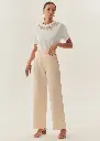 EXQUİSE Düz Kesim Uyumlu Kemerli Yüksek Bel Bej Pantolon 