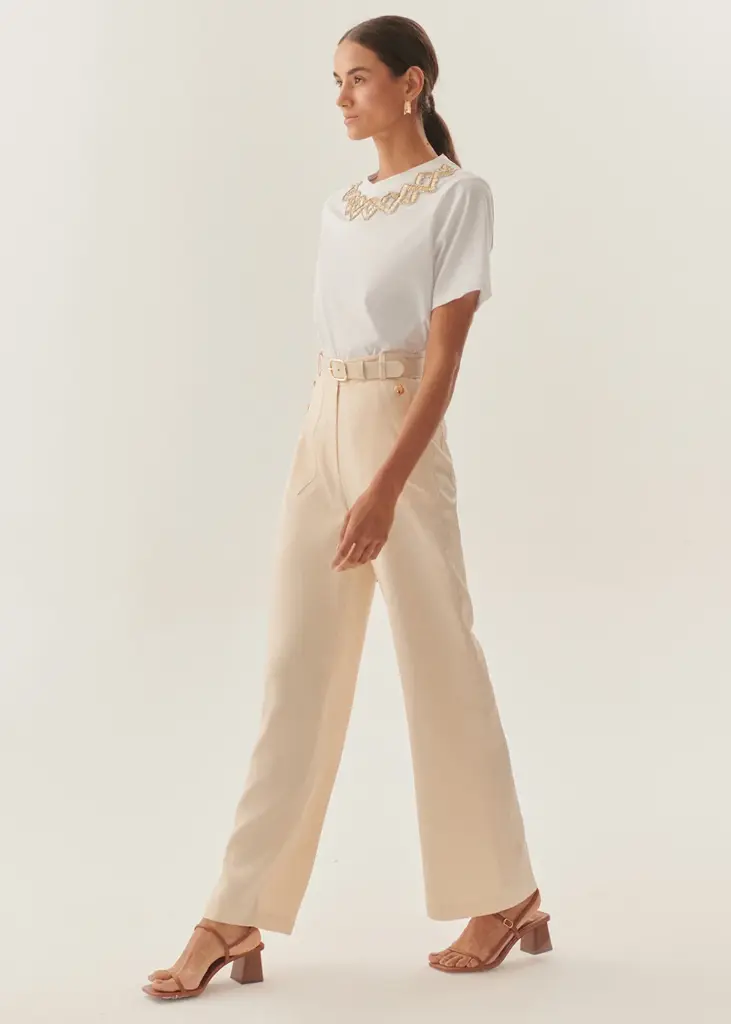 EXQUİSE Düz Kesim Uyumlu Kemerli Yüksek Bel Bej Pantolon 