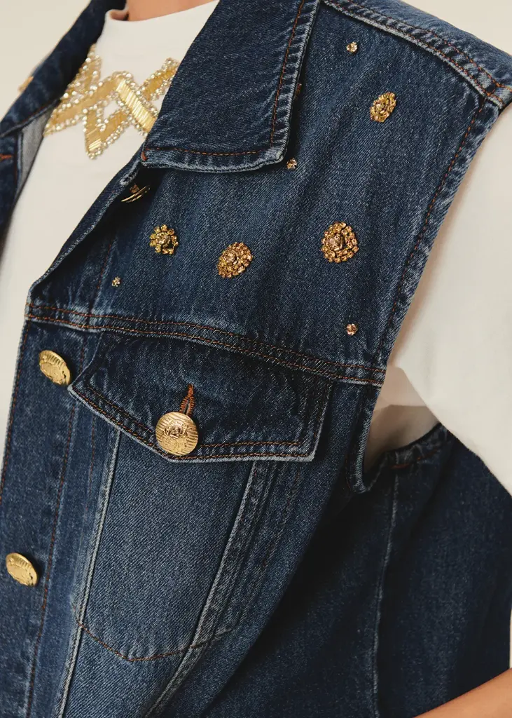 EXQUİSE Taş Detaylı Pamuk İndigo Denim Yelek 