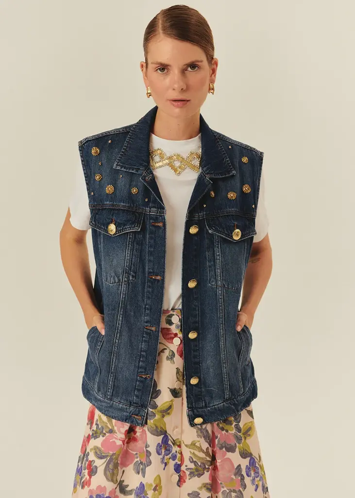 EXQUİSE Taş Detaylı Pamuk İndigo Denim Yelek 