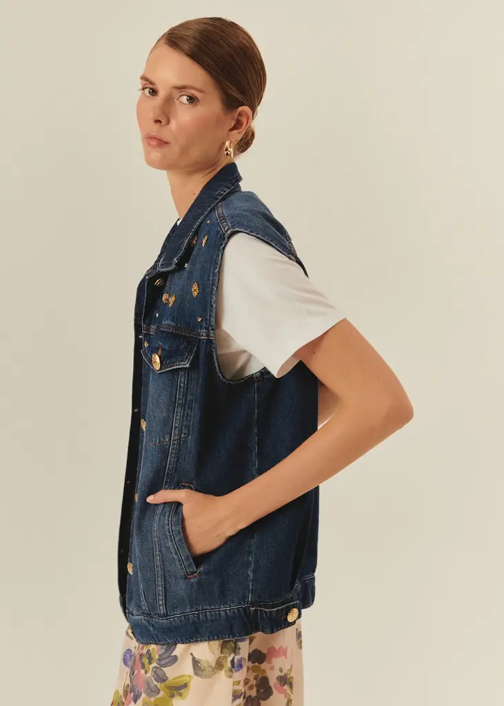 EXQUİSE Taş Detaylı Pamuk İndigo Denim Yelek 