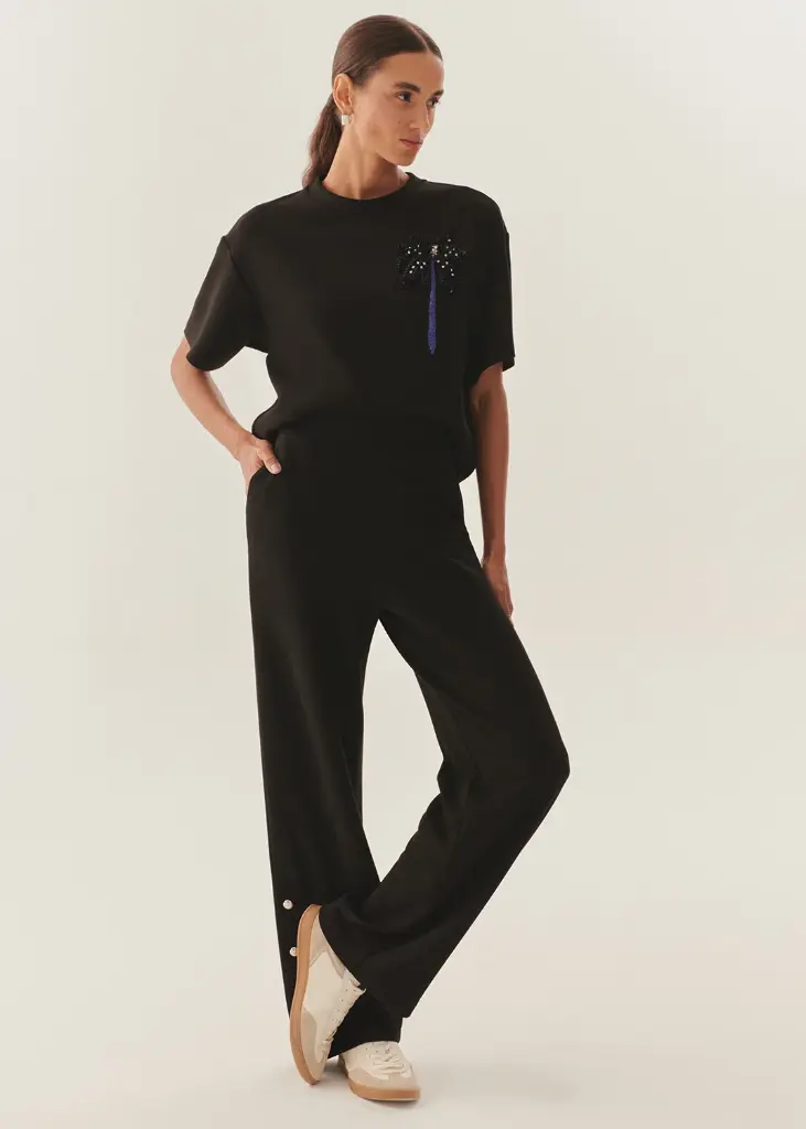 EXQUİSE Düğme Detaylı Rahat Kesim Siyah Örme Pantolon 