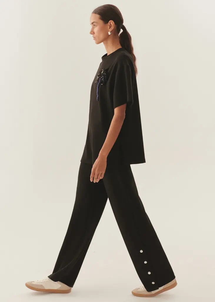 EXQUİSE İşlemeli Siyah Rahat Kesim Bisiklet Yaka Regular Örme T-shirt 