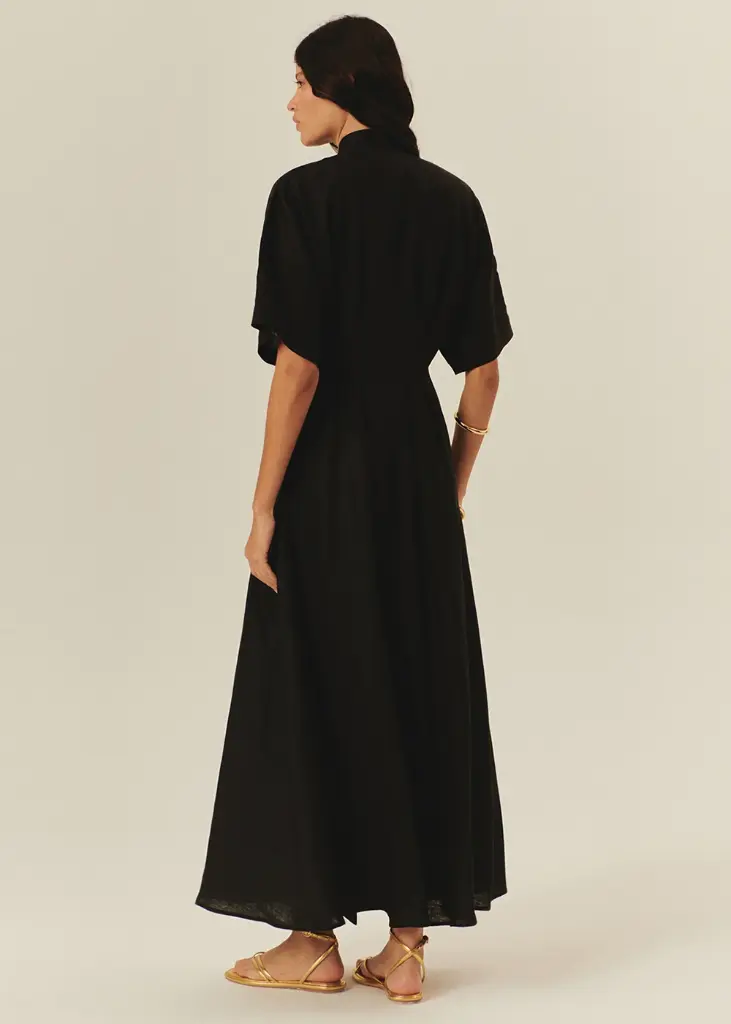 EXQUİSE Düğme Detaylı Bele Oturan A Kesim Midi Keten Elbise Siyah