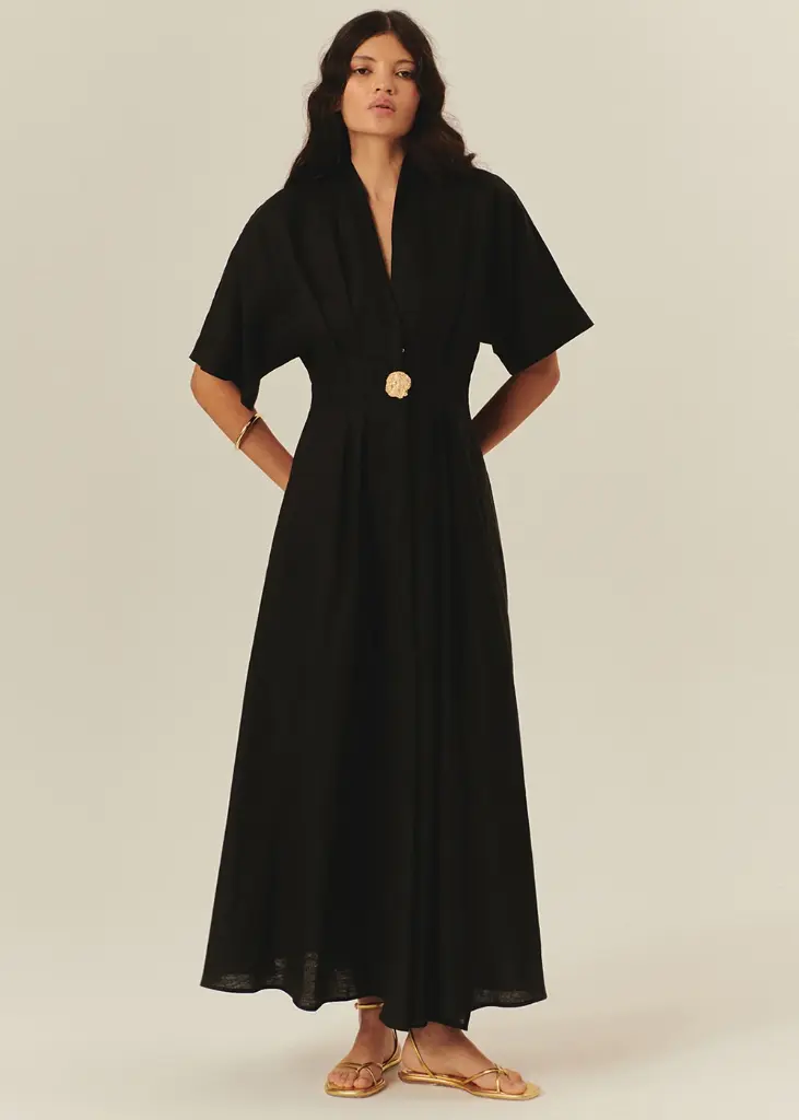 EXQUİSE Düğme Detaylı Bele Oturan A Kesim Midi Keten Elbise Siyah