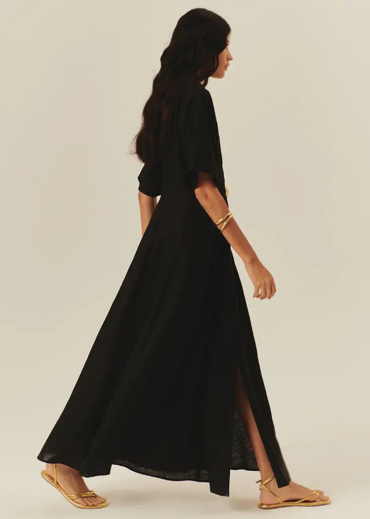 EXQUİSE Düğme Detaylı Bele Oturan A Kesim Midi Keten Elbise Siyah