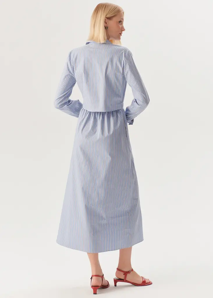 Exquise Beli Lastikli Çizgili Elbise