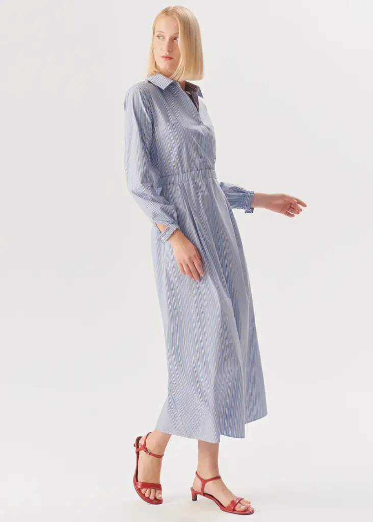 Exquise Beli Lastikli Çizgili Elbise