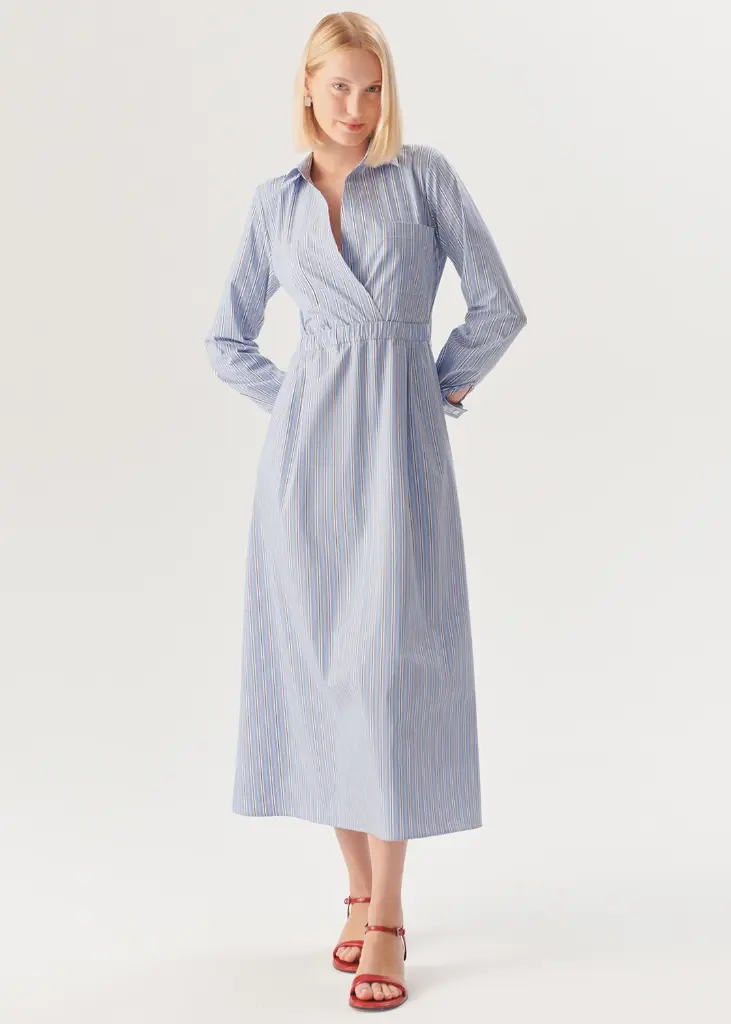 Exquise Beli Lastikli Çizgili Elbise