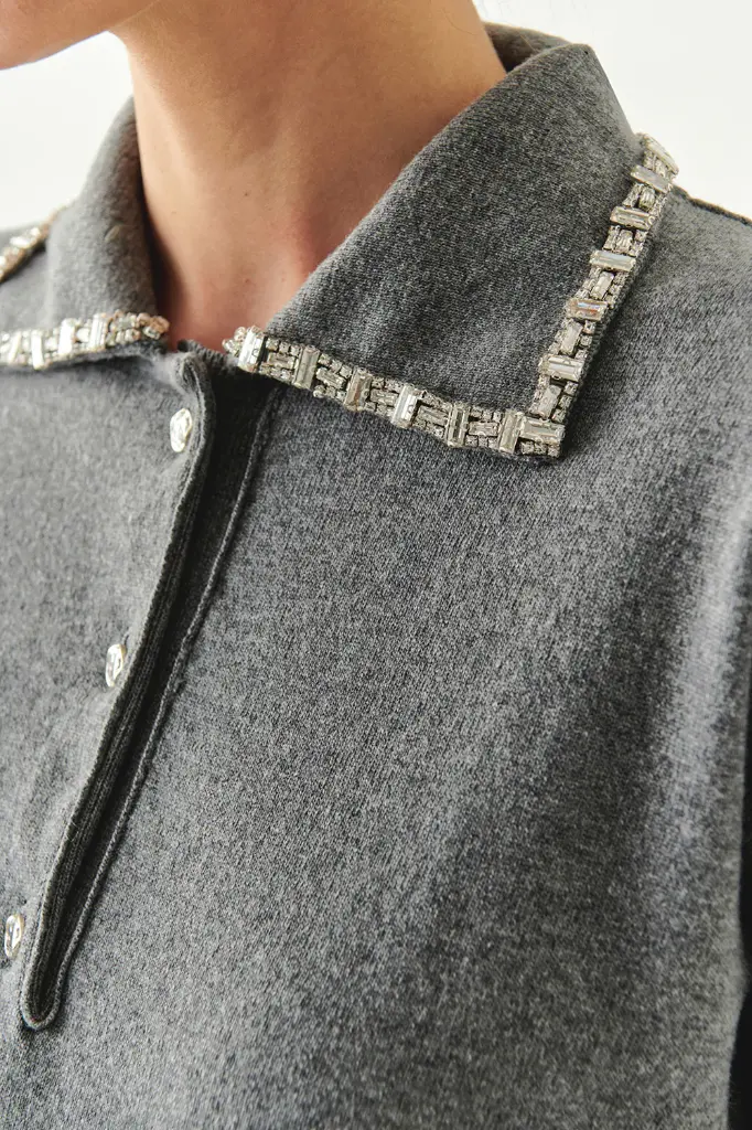 Yakası Taşlı Gri Triko