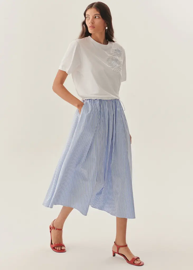 EXQUİSE İŞLEME DETAYLI ÇİZGİLİ ELBİSE MAVİ