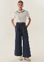 EXQUİSE BELİ LASTİKLİ BAĞCIK DETAYLI İNDİGO GENİŞ PAÇA PAMUK DENİM PANTOLON