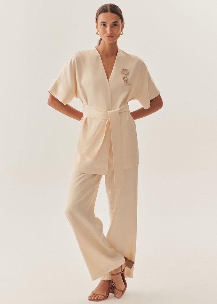 EXQUİSE Kruvaze Yaka Yarasa Kol İşleme Detaylı Rahat Kalıp Bej Ceket 