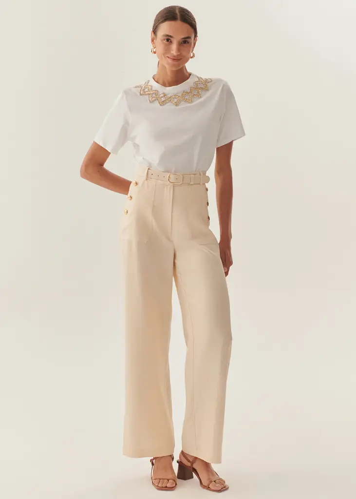 EXQUİSE Düz Kesim Uyumlu Kemerli Yüksek Bel Bej Pantolon 
