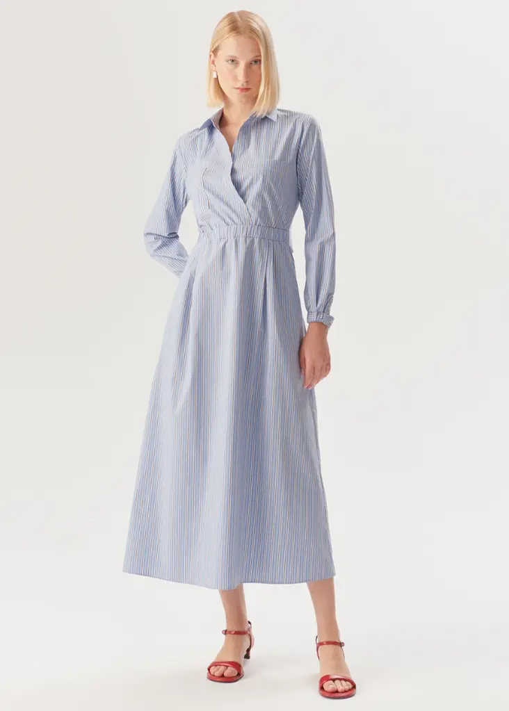 Exquise Beli Lastikli Çizgili Elbise