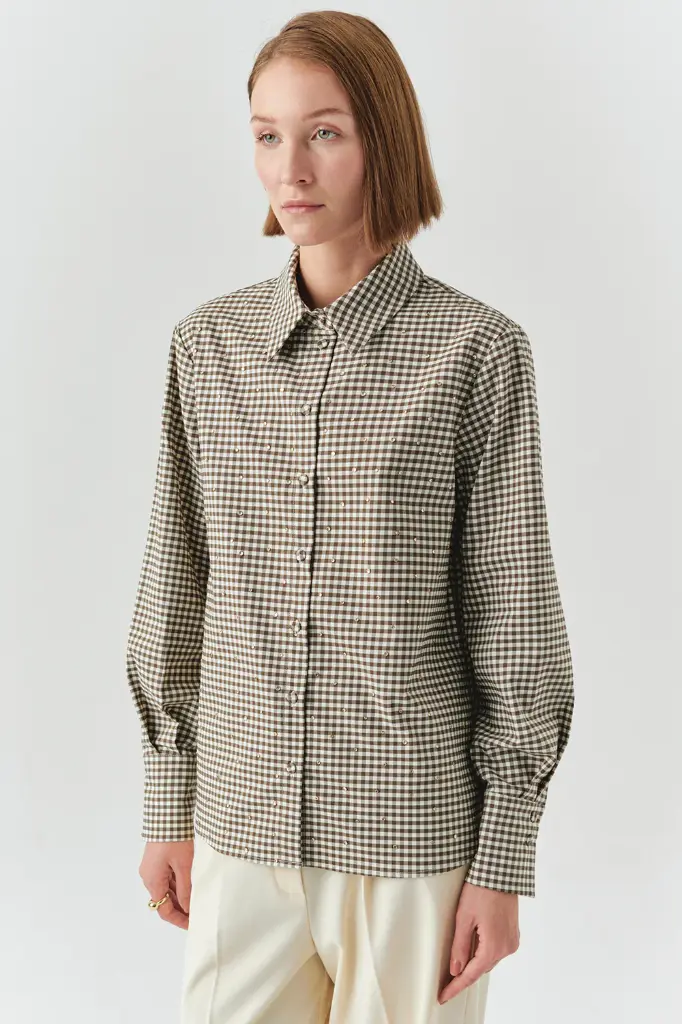 Uzun Kollu Taş Detaylı Ekose Gömlek