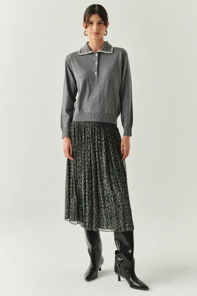 Yakası Taşlı Gri Triko