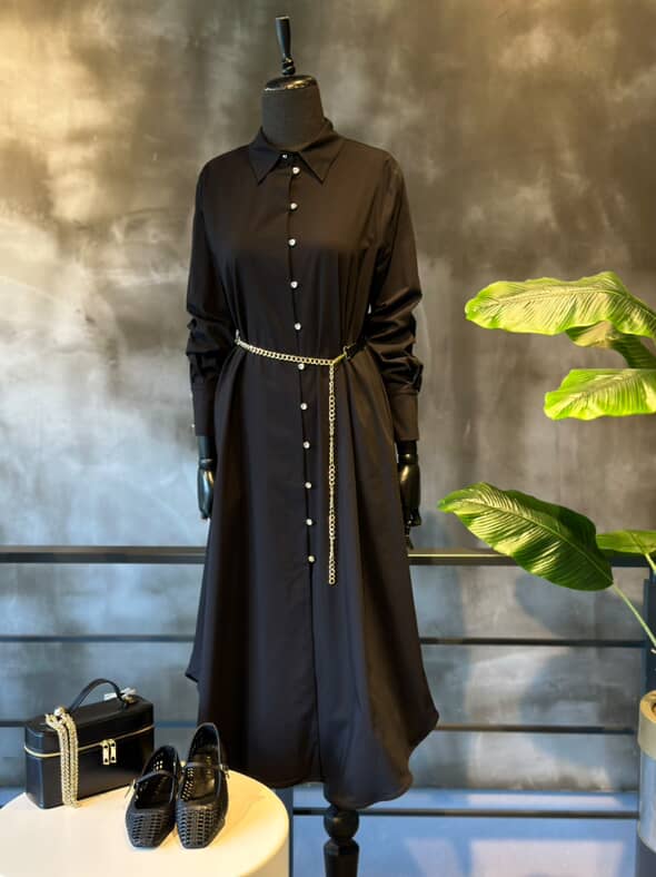 Siyah Kemer Zincir Detaylı Elbise