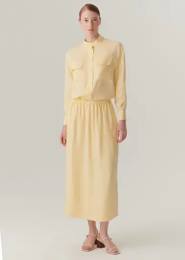 EXQUİSE Cepli Lastikli Bel Midi Boy Lyocell Sarı Renk Etek 