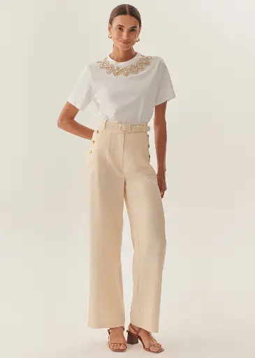 EXQUİSE Düz Kesim Uyumlu Kemerli Yüksek Bel Bej Pantolon 