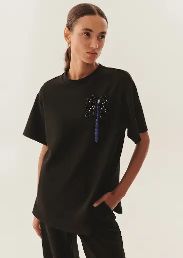 EXQUİSE İşlemeli Siyah Rahat Kesim Bisiklet Yaka Regular Örme T-shirt 