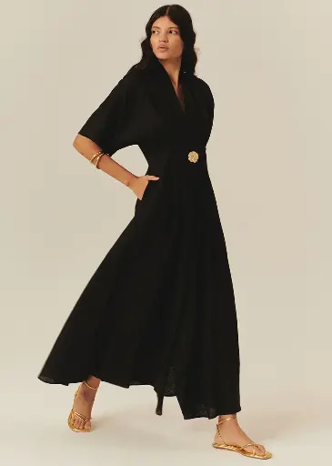 EXQUİSE Düğme Detaylı Bele Oturan A Kesim Midi Keten Elbise Siyah