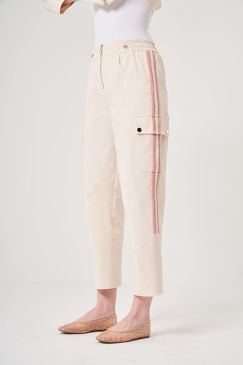 Omelya Ekru Şeritli Pantolon