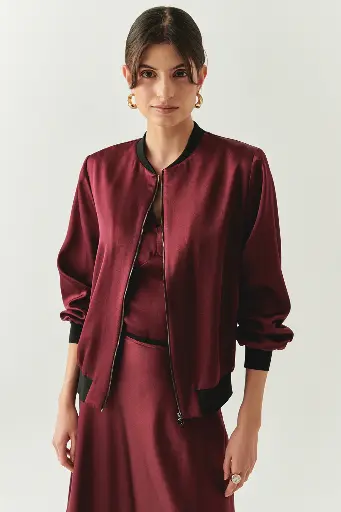 Vişne Saten Bomber Ceket